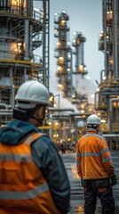 Two men in orange vests stand in front of a large industrial plant