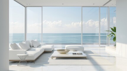 Living room of modern white beach house with sea background. AI generated image