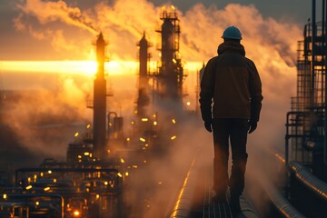 Fototapeta premium A man in a hard hat walks through a smoke-filled industrial area