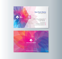 Fototapeta premium A set of horizontal double-sided business card template designs with illustrations of transparent multicolor flower petals on a white gradient background