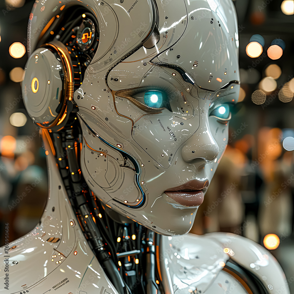 Poster a robot with a glowing head and a glowing body. the robot is surrounded by a blurry background with 