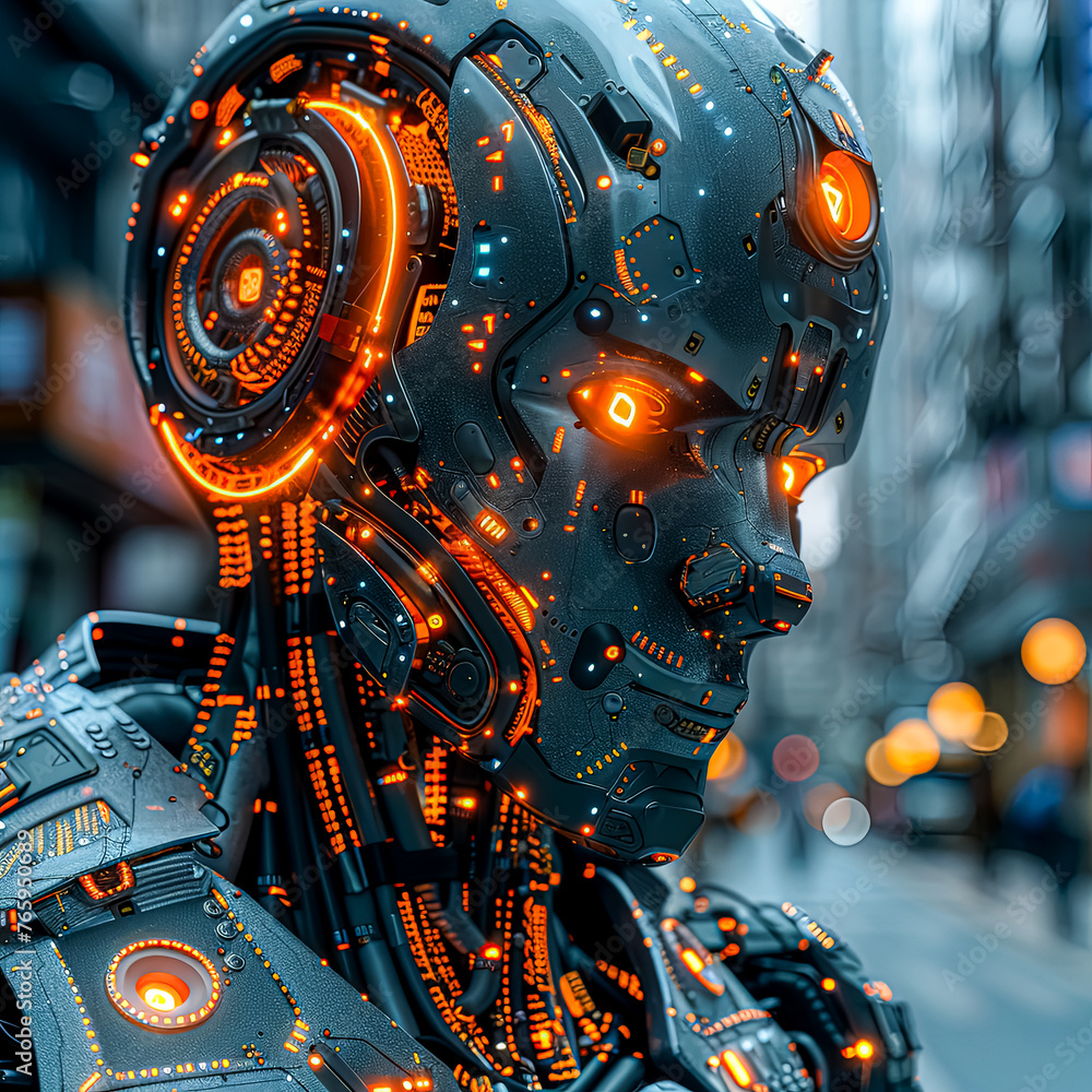 Poster a robot with a glowing head and a glowing body. the robot is surrounded by a blurry background with 