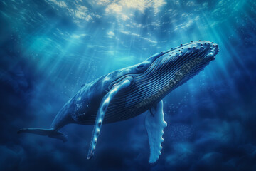 A humpback whale swimming under a blue ocean and sunlight streaming down from the surface