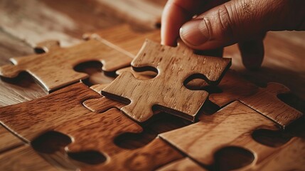 A concept highlighting the decision-making process and logical thinking, with a hand holding and placing the final piece of a wooden puzzle, symbolizing the completion of tasks and problem-solving - obrazy, fototapety, plakaty