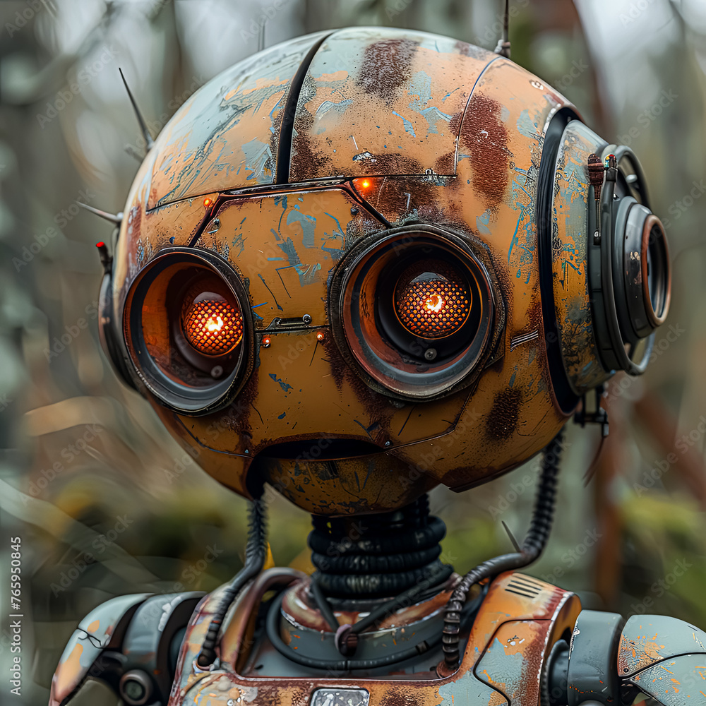 Poster a robot with a face and a yellow helmet. the robot's design is futuristic
