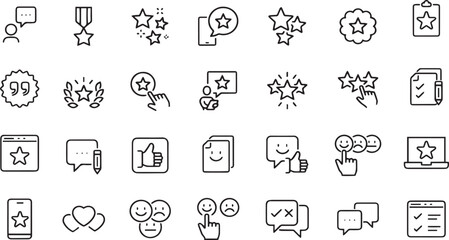 Set of line icons in linear style. Series - Feedback. Like, review and comment on Internet content. User opinion and survey. Outline icon collection. Conceptual pictogram and infographic