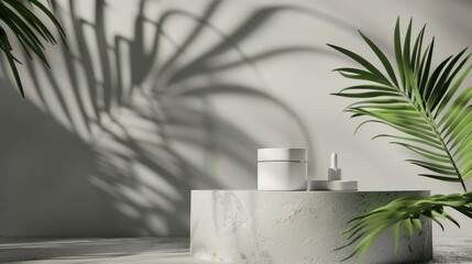 3d render Cosmetic bottle podium with tropical green palm leaf on white background. AI generated