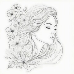 Abstract female face in one line. Woman face with flowers Surreal Line art female floral girl. Minimalism Abstract modern Continuous single line woman face portrait
