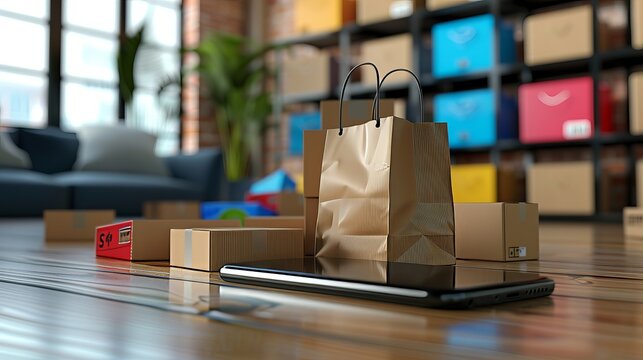 A concept of online shopping illustrated by boxes and a shopping bag displayed on a smartphone screen, emphasizing the digital marketplace and e-commerce