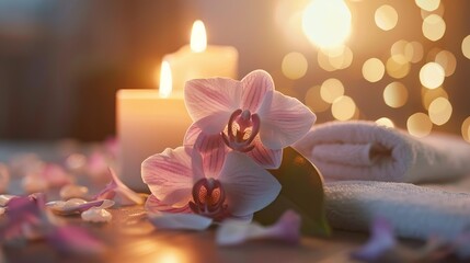A serene spa still life with aromatic candles, an orchid flower, and a towel, encapsulating the peaceful essence of spa environments - obrazy, fototapety, plakaty