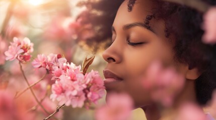 Obraz na płótnie Canvas Portrait of an attractive afro american woman smelling a flower in park, close up, spring backgrounds.