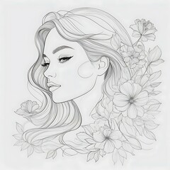 Abstract female face in one line. Woman face with flowers Surreal Line art female floral girl. Minimalism Abstract modern Continuous single line woman face portrait
