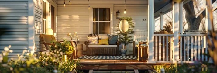 American Porch: Classic Outdoor Living. Sunbathed in Evening Light. - obrazy, fototapety, plakaty