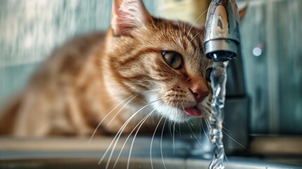 Cute funny orange tabby cat drinks water from faucet, close up, funny animal portrait.