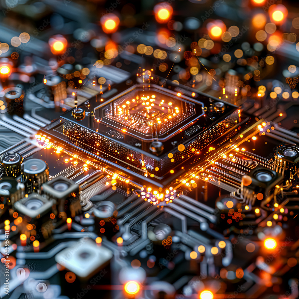 Aufkleber a computer chip with a keyhole in it. the chip is lit up with a blue and orange glow