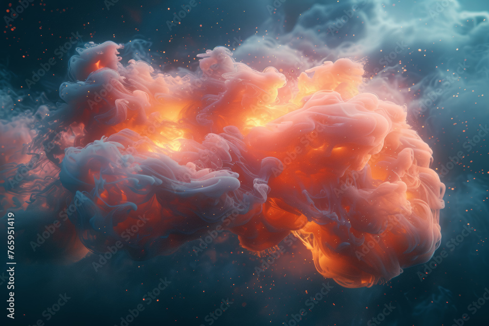 Aufkleber A vibrant thought bubble bursting into smaller fragments, visualizing the dynamic exchange of ideas. Concept of creative brainstorming. Generative Ai.
