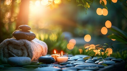 A spa concept capturing massage stones with towels and candles set against a natural background, symbolizing relaxation and tranquility - obrazy, fototapety, plakaty