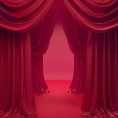 3D animation, open and close luxury red silk, curtain decoration design. Red Stage Curtain for theater or opera scene backdrop. Mockup for your design project, Red velvet carpet. Generative AI