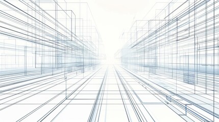 A technology wireframe landscape presented as a vector perspective grid, depicting a digital space on a white background, illustrating the structure and framework of digital environments