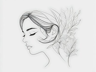 Abstract female face in one line. Woman face with flowers Surreal Line art female floral girl. Minimalism Abstract modern Continuous single line woman face portrait
