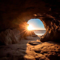 The suns rays illuminate a cave opening on a sandy beach, creating a striking contrast between light and shadow. - obrazy, fototapety, plakaty