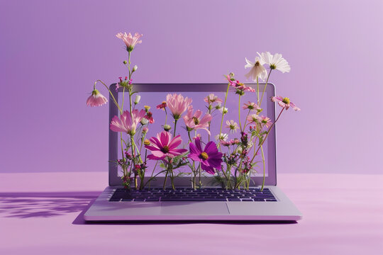 Laptop with growing flowers