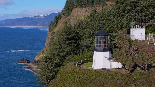 Cape Meares Lighthouse Three Arch Rocks Oceanside Oregon Coast Drone Video 12