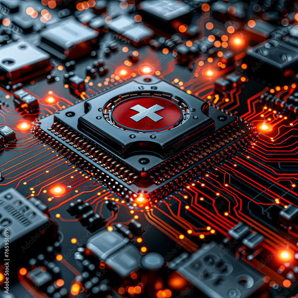 Poster a computer chip with a red cross on it. the chip is lit up and surrounded by red lights