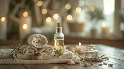 Obraz na płótnie Canvas An array of beautiful spa accessories thoughtfully arranged on a massage table, creating an inviting space for relaxation and rejuvenation