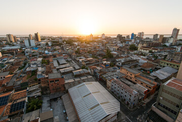 Naklejka premium Aerial View of Commerce Area of Belem City During Sunset in North of Brazil