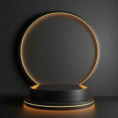 3D realistic luxury modern black and gold cylinder podium stand with gray circle and yellow neon lighting wall scene dark background. Product display mockup for cosmetic, showroom. Generative AI