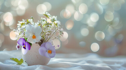 Fototapeta na wymiar Eggshell vases with pastel spring flowers, warm bokeh lights background.