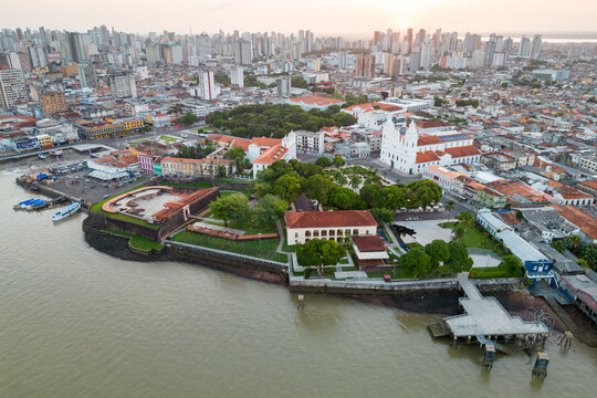 Aerial View of Historical Cannon Fort and Surrounding Area With Belem City Panorama in Brazil