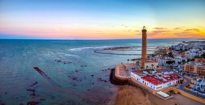 Drone view of the Chipiona lighthouse at dawn in the province of Cadiz.