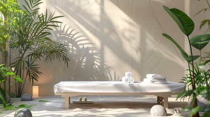 Another inviting spa composition set on a massage table in a wellness center, enhancing the environment for relaxation and well-being