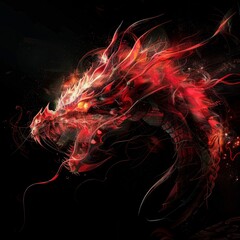 Abstract Illustration of Infuriated Dragon with Fire Flames in Red Color on Black Background for Design. Generative AI