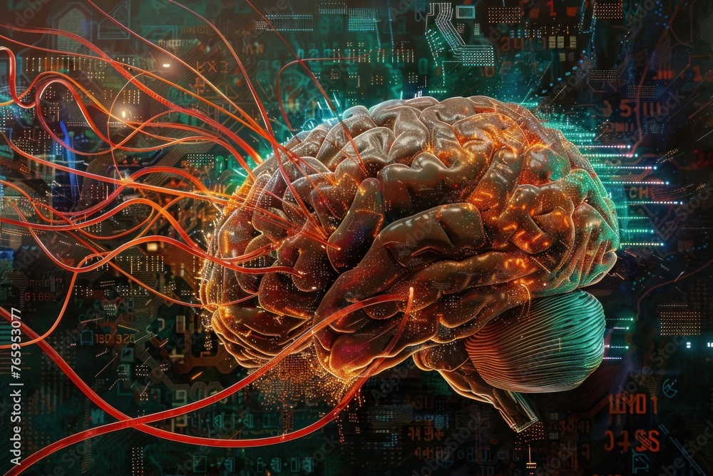 Poster glowing brain circuitry and data flow artificial intelligence concept illustration