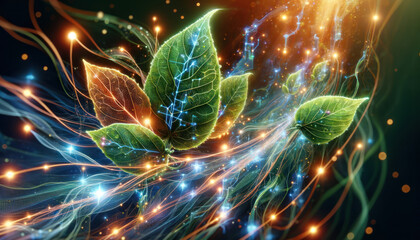 leaves intertwined with glowing digital networks.