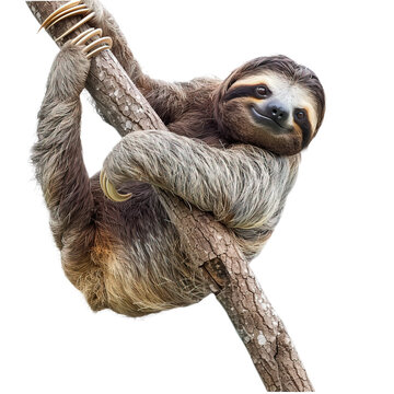 A sloth hanging on a tree branch isolated on white or transparent background