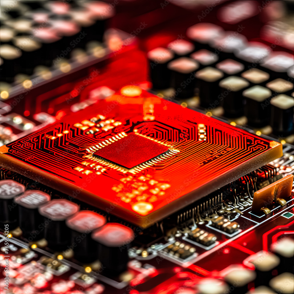 Poster a red electronic component with a black chip on it. the chip is likely a microchip or a microprocess