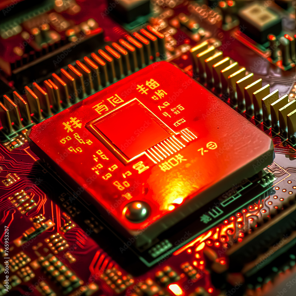 Poster a red electronic component with a black chip on it. the chip is likely a microchip or a microprocess