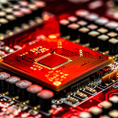 A red electronic component with a black chip on it. The chip is likely a microchip or a microprocessor. The component is likely a part of a larger electronic device, such as a computer or a smartphone
