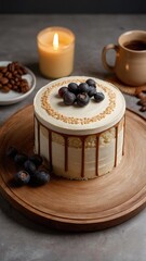 A small portioned cake in soft coffee and milky shades.