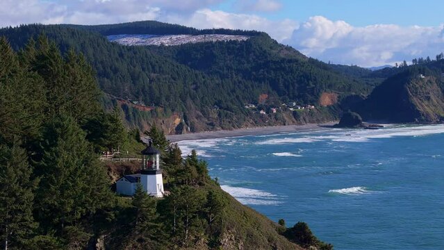 Cape Meares Lighthouse Three Arch Rocks Oceanside Oregon Coast Drone Video 6