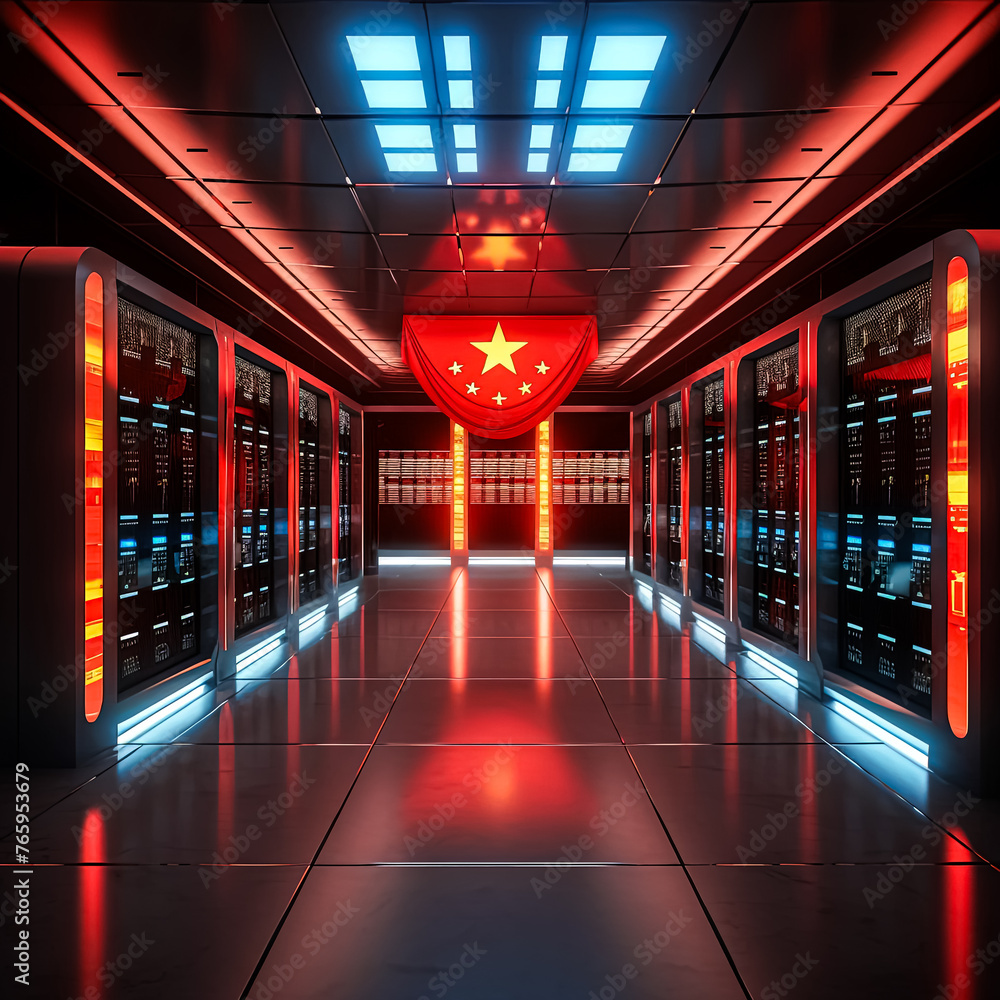 Poster a computer server room with a red star on the ceiling. the room is filled with servers and the light