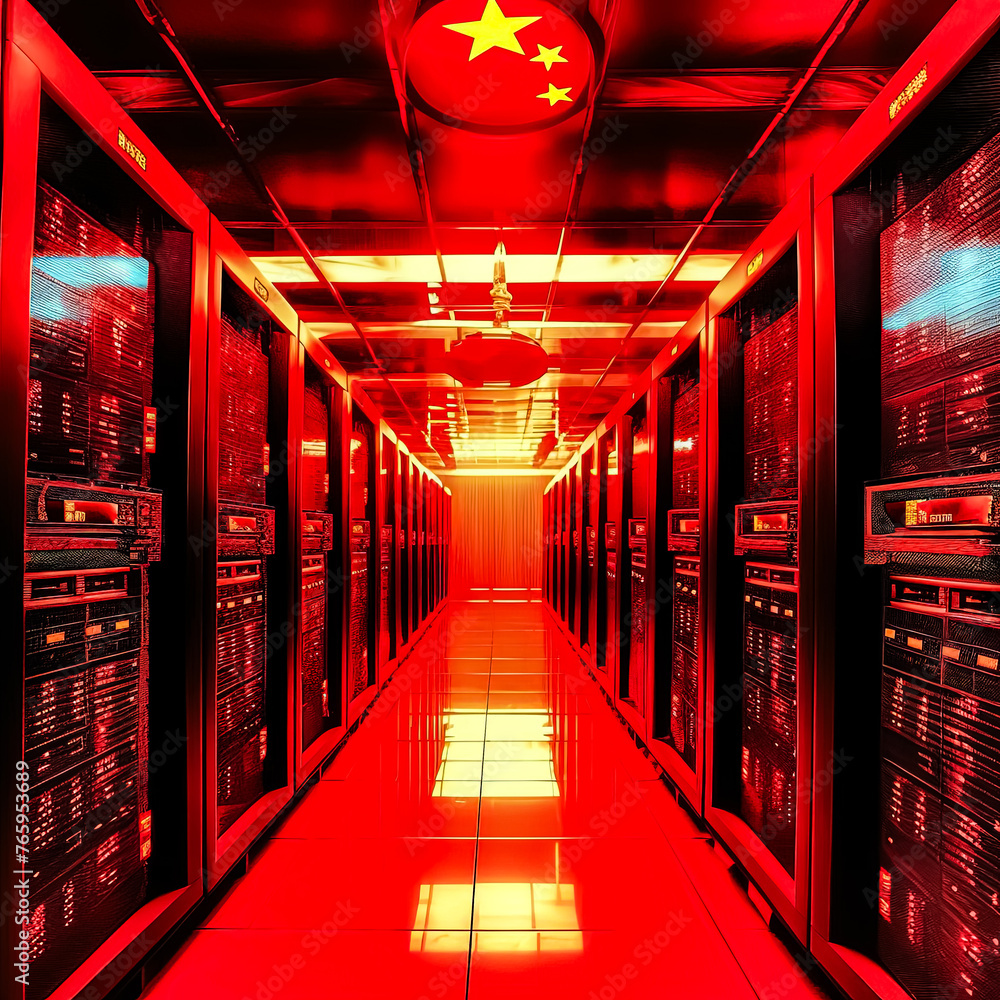 Poster a computer server room with a red star on the ceiling. the room is filled with servers and the light