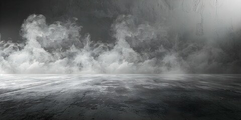 Dark concrete floor with mist abstract cement room with smoke ideal for product display. Concept Concrete Background, Abstract Setting, Product Display, Smoke Effects, Dark Aesthetic - obrazy, fototapety, plakaty