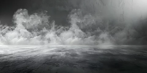Fotobehang Dark concrete floor with mist abstract cement room with smoke ideal for product display. Concept Concrete Background, Abstract Setting, Product Display, Smoke Effects, Dark Aesthetic © Ян Заболотний