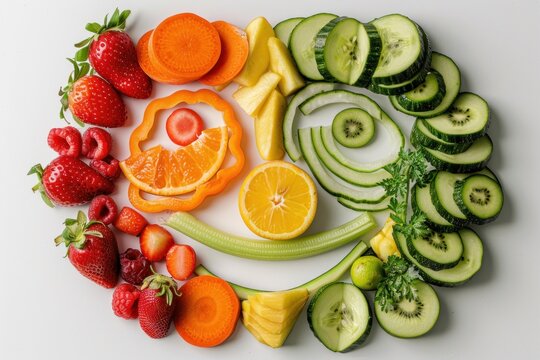 Vibrant and colorful fruits and vegetables arranged creatively on a white background.