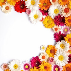 Obraz premium Floral border with nice pink, yellow magenta, orange flowers, copy space for text. Tender blossom on light background. Greeting card, wedding invitation concept, happy mother day, save the date